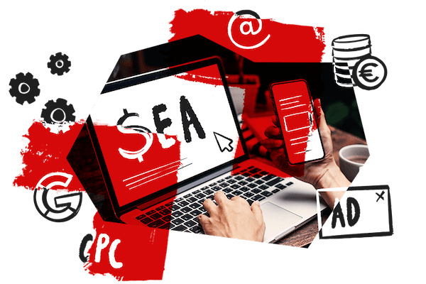Grafik SEA mit Laptop und Smartphone in Rottönen